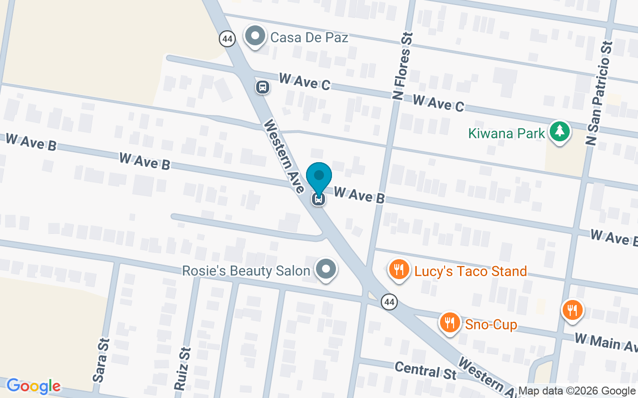 Map showing the location of Western @ W Ave B